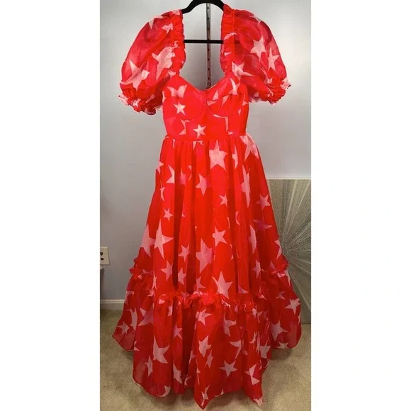 NWT Selkie Red and White Star Ritz Puff Sleeve Organza Maxi Gown Size Small - Picture 7 of 13